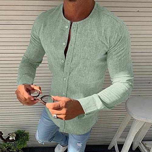 Explosión Otoño Moda Color Sólido El Botón Cuello Redondo Mezcla De Algodón Hombre Manga Larga Camisa Ocio Cárdigans Hombre Tops Camisetas A orillas del mar Al Aire Libre Hombre Ropa MEIbax