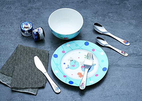 EXZACT Juego De 6 Piezas De Cubiertos/Cubiertos De Mesa para Niños De Acero Inoxidable– 1x Tazón, 1x Plato, 1x Cena Cuchillo, 1x Cena Tenedor, 1x Cena Cuchara, 1x Cuchara pequeña