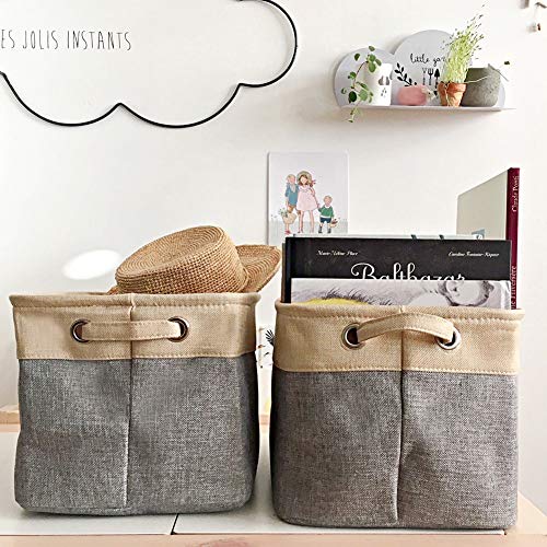 EZOWare 3 Pcs Caja de Almacenaje, Cestas Organizador de Tela Plegable con Manijas para Hogar, Oficina, Estanterías, Armarios, Ropa, Juguetes y mas - 38 x 27 x 24cm -Gris/Beige