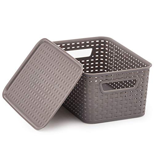 EZOWare 4 pcs Cestas de Almacenaje Multiuso con Tapas, Cajas Organizadoras de Plástico Apilable con Efecto de Mimbre y Asas para Cocina, Baño - Gris