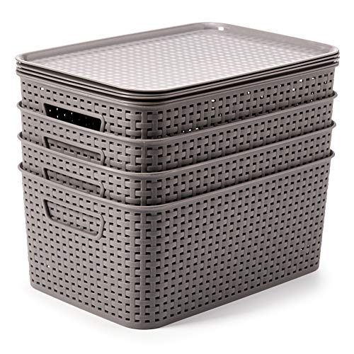 EZOWare 4 pcs Cestas de Almacenaje Multiuso con Tapas, Cajas Organizadoras de Plástico Apilable con Efecto de Mimbre y Asas para Cocina, Baño - Gris / 39 x 27 x 17 cm