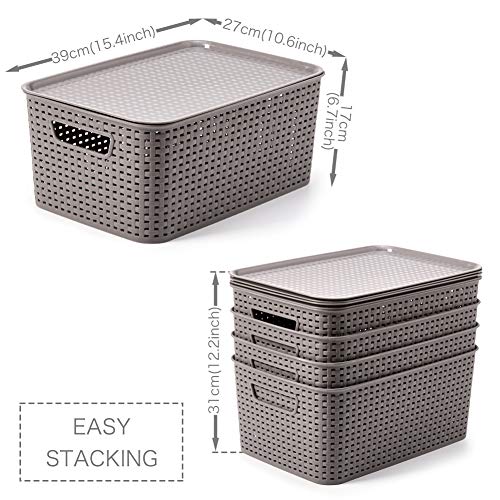 EZOWare 4 pcs Cestas de Almacenaje Multiuso con Tapas, Cajas Organizadoras de Plástico Apilable con Efecto de Mimbre y Asas para Cocina, Baño - Gris / 39 x 27 x 17 cm