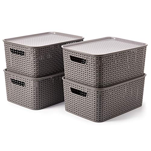 EZOWare 4 pcs Cestas de Almacenaje Multiuso con Tapas, Cajas Organizadoras de Plástico Apilable con Efecto de Mimbre y Asas para Cocina, Baño - Gris / 39 x 27 x 17 cm