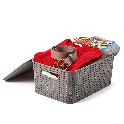 EZOWare 4 pcs Cestas de Almacenaje Multiuso con Tapas, Cajas Organizadoras de Plástico Apilable con Efecto de Mimbre y Asas para Cocina, Baño - Gris / 39 x 27 x 17 cm