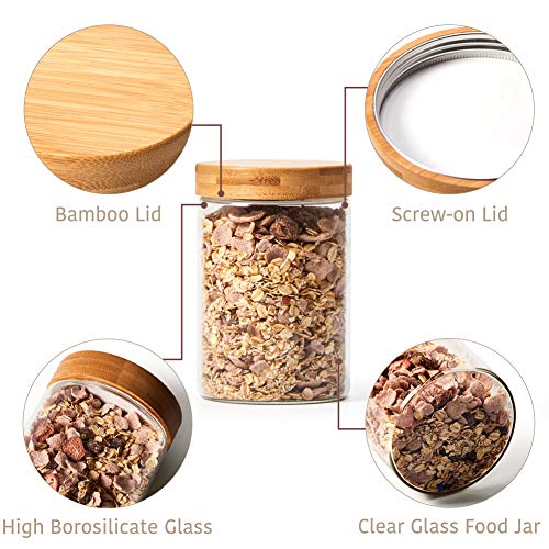 EZOWare 4 Pcs Tarros de Almacenamiento Recipientes Organizador de Vidrio Borosilicato con Tapa Hermético de Madera Bambu y Aluminio para Cocina o Baño - 1360ml