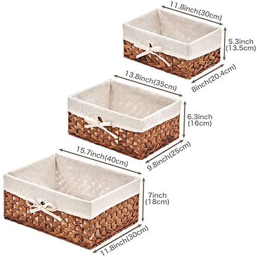 EZOWare Set de 3 Cestas de Almacenamiento de Mimbre de Natural Jacinto de Agua, Caja Organizadora Decorativo con Forro de Tela Extraíble Ideal para Baño, Cocina o Decoración del Hogar