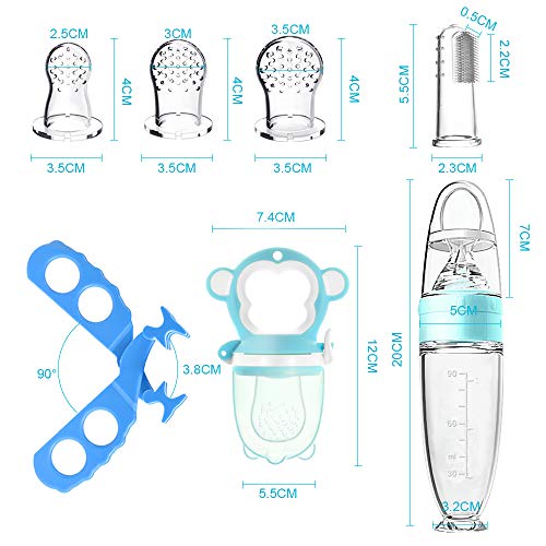 Fabur 8pz Alimentador de Fruta Para bebé, Cuchara Dispensadora de Comida y 2 Cepillo Dientes de Dedo, Chupete Fruta y Funda de Silicona de Repuesto, Tijeras de comida para bebé