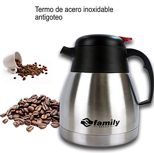 FAMILY Termo Café, Cafetera de Acero Inoxidable Doble Pared, Antigoteo, Mantiene Frío y Calor para Café, Zumo,Leche,Té,Bebidas (1,5L)