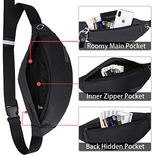 Fanny Pack - Riñonera Unisex con Conector para Auriculares y 3 Bolsillos con Cremallera, cinturón Ajustable, Bolsa para Entrenamiento al Aire Libre, Viajes, Casual, Correr, Senderismo (Negro)