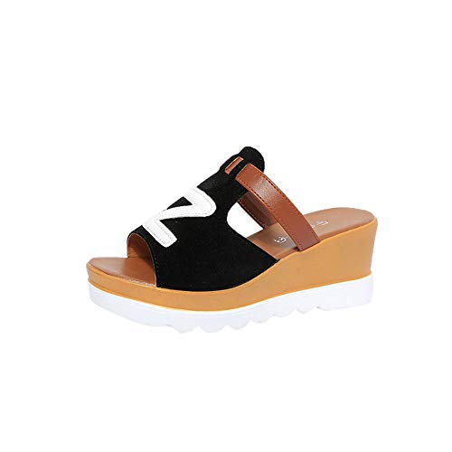 Fannyfuny_Zapatos de Verano Sandalias de Verano Sandalias Mujer Cuña Zapatillas de Estar por casa Sandalias y Chanclas Bohemia tacón Alto de Impresión de Letras Zapatos de Playa (5-8cm)