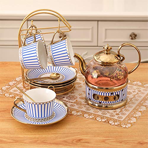 fanquare 11 Piezas Juego de Té Inglesa de Geométrico Azul con Soporte de Metal, Tetera de Vidrio Calentado, Juego de Café de Porcelana para Fiesta del té