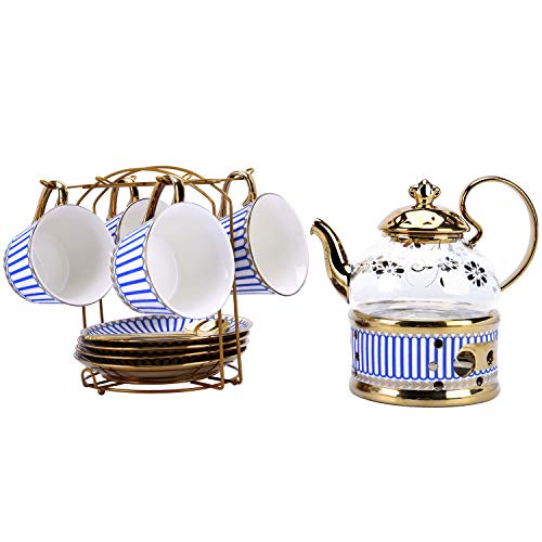 fanquare 11 Piezas Juego de Té Inglesa de Geométrico Azul con Soporte de Metal, Tetera de Vidrio Calentado, Juego de Café de Porcelana para Fiesta del té