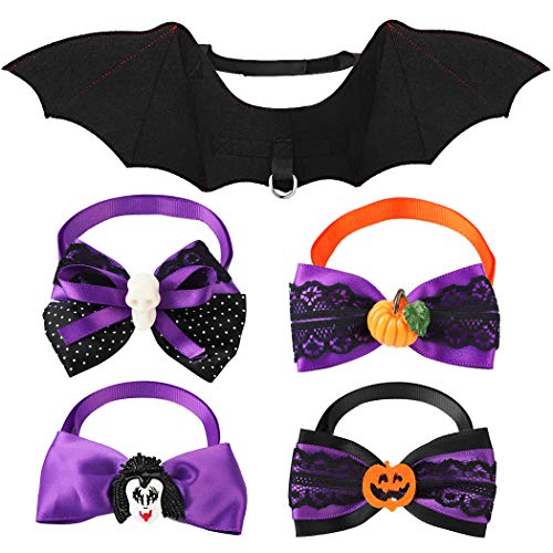 Fansport 5 Pcs Halloween Ropa para Mascotas,Alas De Murciélago para Mascotas para Perros y Gato con 4 Collares Bowtie para Halloween Pets Party Ropa De Cosplay