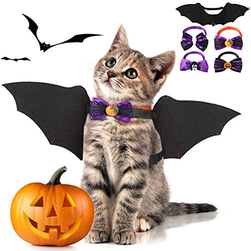 Fansport 5 Pcs Halloween Ropa para Mascotas,Alas De Murciélago para Mascotas para Perros y Gato con 4 Collares Bowtie para Halloween Pets Party Ropa De Cosplay