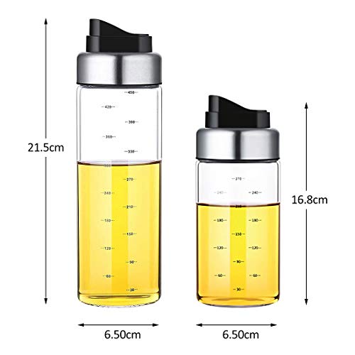 FARI Botellas dispensadoras de aceite de oliva – 2 Pack de 450 ml, maceta de aceite de apertura y cierre automático, sin plomo, juego de cruet medidor para cocina 450