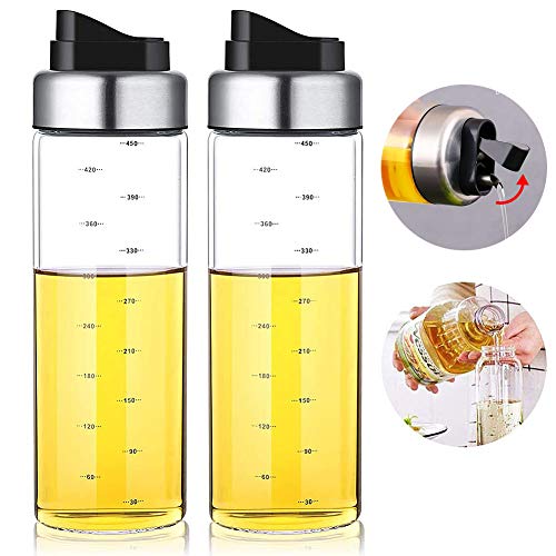 FARI Botellas dispensadoras de aceite de oliva – 2 Pack de 450 ml, maceta de aceite de apertura y cierre automático, sin plomo, juego de cruet medidor para cocina 450