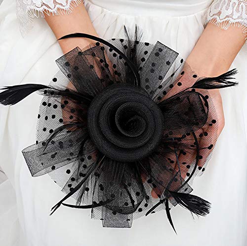 Fashband Tocado para novia con diseño de jaula de pájaros,con plumas de malla en una diadema y un clip para cóctel para fiestas de té Derby Kentucky Races,ceremonia de boda para niñas mujeres (negro)