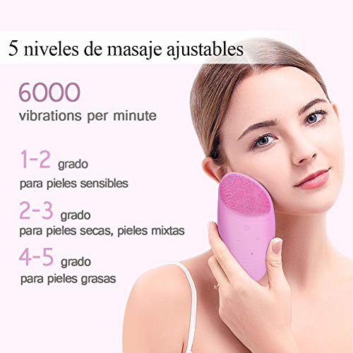 FASHSMILE Limpiador Facial Silicona Ultrasonico - Puerto de carga no poroso 5 - Velocidad Ajustable Recargable Cepillo Facial Electrico para Todo Tipo De Pieles (A-Rosa)