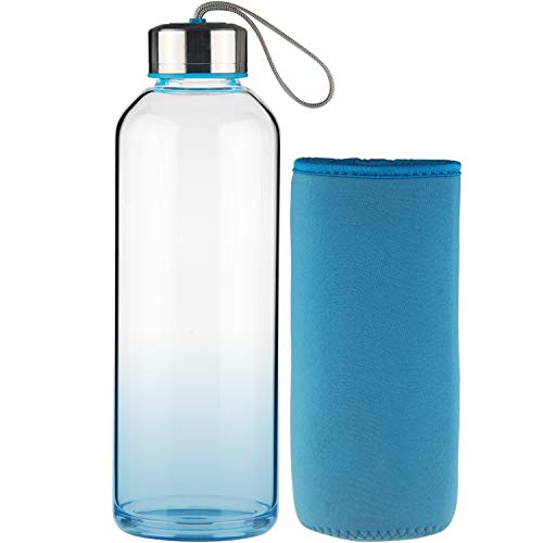 FCSDETAIL Botella de Agua de Cristal, Botella de Agua de Vidrio de Borosilicato con Funda de Neopreno con Tapa de Acero Inoxidable 1000ml