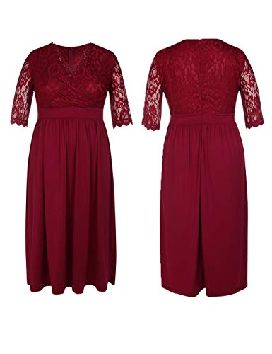 FeelinGirl Mujer Vestido de Noche Encaje Largo Traje Talla Extra Grande Cóctel de Manga Media Cuello V Cintura Alta Rojo XXL/Talla 48-50