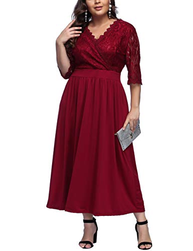 FeelinGirl Mujer Vestido de Noche Encaje Largo Traje Talla Extra Grande Cóctel de Manga Media Cuello V Cintura Alta Rojo XXL/Talla 48-50