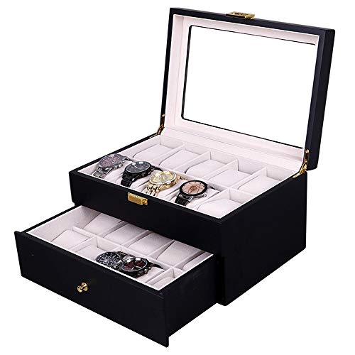 Feixunfan Caja de reloj caja de reloj doble exhibición de almacenamiento de joyería caja de madera con caja de vidrio para coleccionistas (color: negro, tamaño: 29 x 21 x 16 cm)