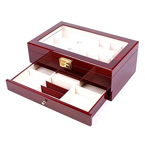 Feixunfan Caja de reloj caja pintada de doble capa Joyero de alta gama, joyería collar de almacenamiento caja de madera para coleccionistas (color: rojo, tamaño: uno)