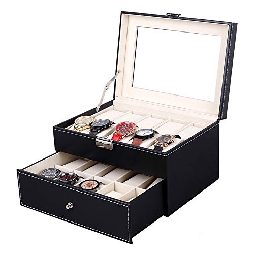 Feixunfan Caja de reloj de doble capa con cubierta de cristal, collar de almacenamiento de joyería caja de madera para coleccionistas (color: negro, tamaño: 29 x 20,5 x 15,8 cm)