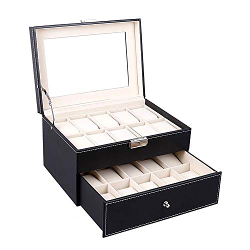 Feixunfan Caja de reloj de doble capa con cubierta de cristal, collar de almacenamiento de joyería caja de madera para coleccionistas (color: negro, tamaño: 29 x 20,5 x 15,8 cm)