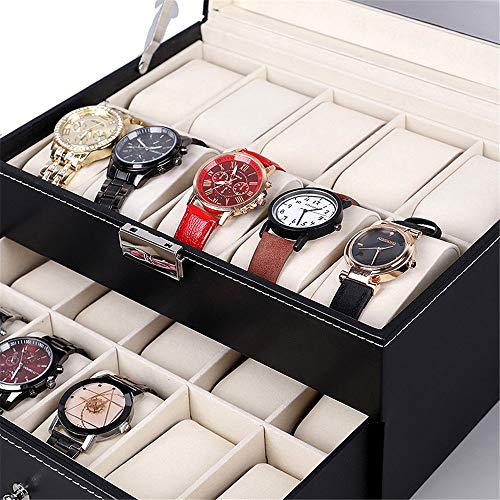 Feixunfan Caja de reloj de doble capa con cubierta de cristal, collar de almacenamiento de joyería caja de madera para coleccionistas (color: negro, tamaño: 29 x 20,5 x 15,8 cm)