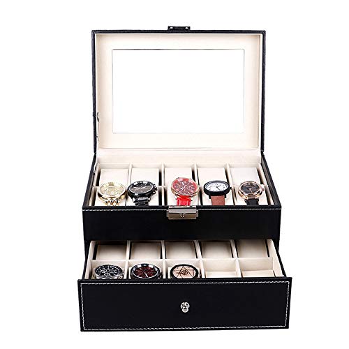 Feixunfan Caja de reloj de doble capa con cubierta de cristal, collar de almacenamiento de joyería caja de madera para coleccionistas (color: negro, tamaño: 29 x 20,5 x 15,8 cm)