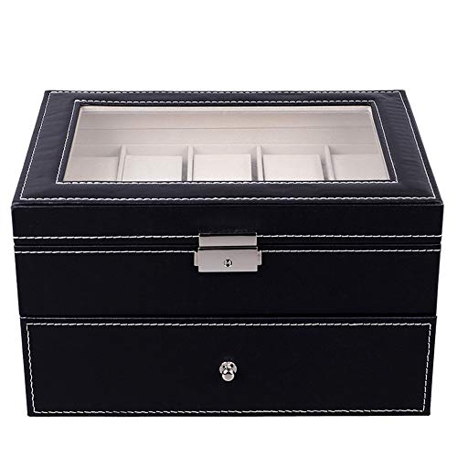 Feixunfan Caja de reloj de doble capa con cubierta de cristal, collar de almacenamiento de joyería caja de madera para coleccionistas (color: negro, tamaño: 29 x 20,5 x 15,8 cm)