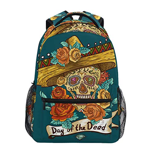 FELIZM - Mochila de viaje informal con diseño de calavera de azúcar y diamantes