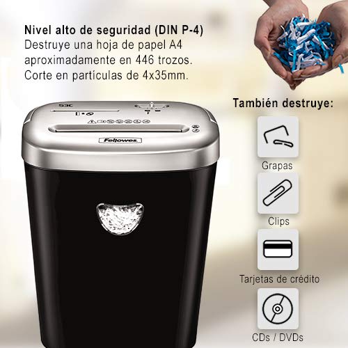 Fellowes 53C - Destructora trituradora de papel, corte en partículas, destruye hasta 10 hojas, uso personal, tritura CD´s y tarjetas de crédito, color negro y plateado