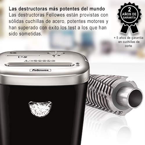 Fellowes 53C - Destructora trituradora de papel, corte en partículas, destruye hasta 10 hojas, uso personal, tritura CD´s y tarjetas de crédito, color negro y plateado