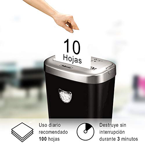 Fellowes 53C - Destructora trituradora de papel, corte en partículas, destruye hasta 10 hojas, uso personal, tritura CD´s y tarjetas de crédito, color negro y plateado