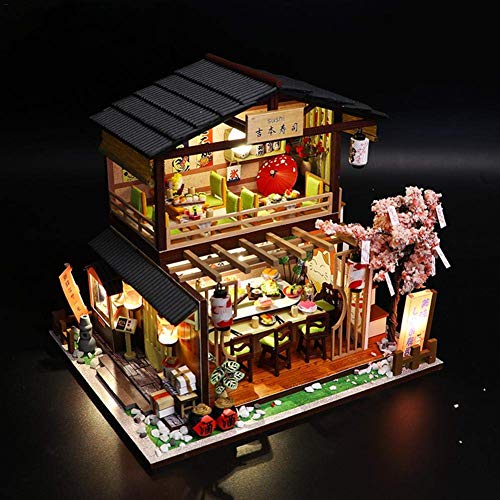 FENGLI DIY 3D Dollhouse Kit Montado Sushi Shop Hecho a Mano Casa Mini Cabina for el Regalo del día de San Valentín de los niños de Navidad