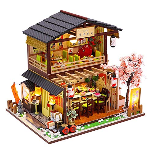 FENGLI DIY 3D Dollhouse Kit Montado Sushi Shop Hecho a Mano Casa Mini Cabina for el Regalo del día de San Valentín de los niños de Navidad