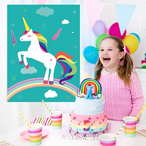 FEPITO Pin the Horn en el juego de fiesta de cumpleaños de unicornio con 24 cuernos para suministros de fiesta de unicornio, decoraciones de fiesta de cumpleaños para niños