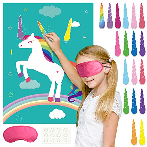 FEPITO Pin the Horn en el juego de fiesta de cumpleaños de unicornio con 24 cuernos para suministros de fiesta de unicornio, decoraciones de fiesta de cumpleaños para niños