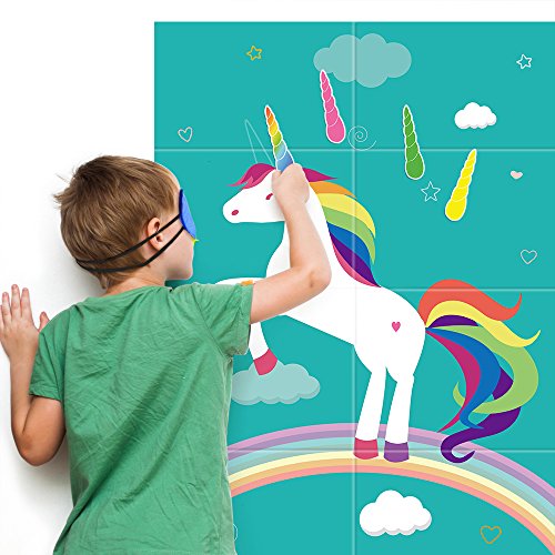 FEPITO Pin the Horn en el juego de fiesta de cumpleaños de unicornio con 24 cuernos para suministros de fiesta de unicornio, decoraciones de fiesta de cumpleaños para niños