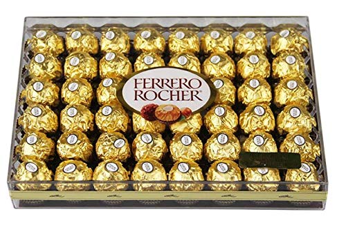 Ferrero Rocher caja de 48 piezas 600 gramos, avellana entera en el corazón, cremoso relleno a base de avellanas, crujiente barquillo recubierto de chocolate y avellanas troceadas ligeramente tostadas.