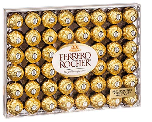 Ferrero Rocher caja de 48 piezas 600 gramos, avellana entera en el corazón, cremoso relleno a base de avellanas, crujiente barquillo recubierto de chocolate y avellanas troceadas ligeramente tostadas.