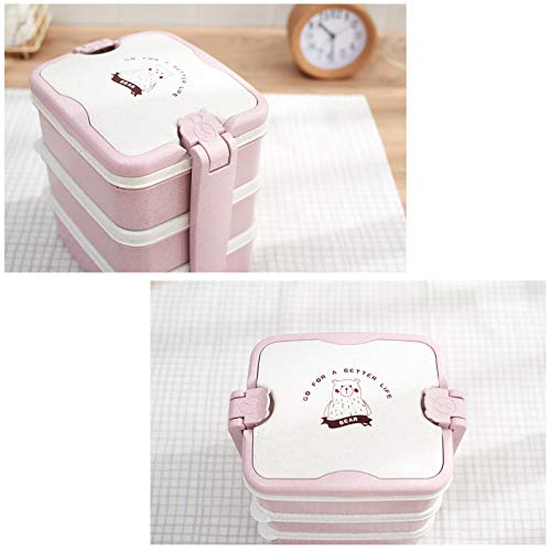 Fiambrera de 3 capas,Bento Box Sostenible,microondas y lavavajillas lunch box,Bento Box para Niños,Fambrera Infantil,Caja de Almuerzo de Plástico,Fiambreras Bento (Rosa)