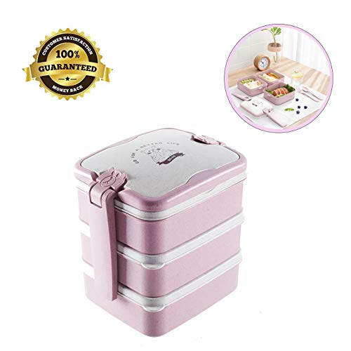 Fiambrera de 3 capas,Bento Box Sostenible,microondas y lavavajillas lunch box,Bento Box para Niños,Fambrera Infantil,Caja de Almuerzo de Plástico,Fiambreras Bento (Rosa)