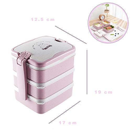 Fiambrera de 3 capas,Bento Box Sostenible,microondas y lavavajillas lunch box,Bento Box para Niños,Fambrera Infantil,Caja de Almuerzo de Plástico,Fiambreras Bento (Rosa)