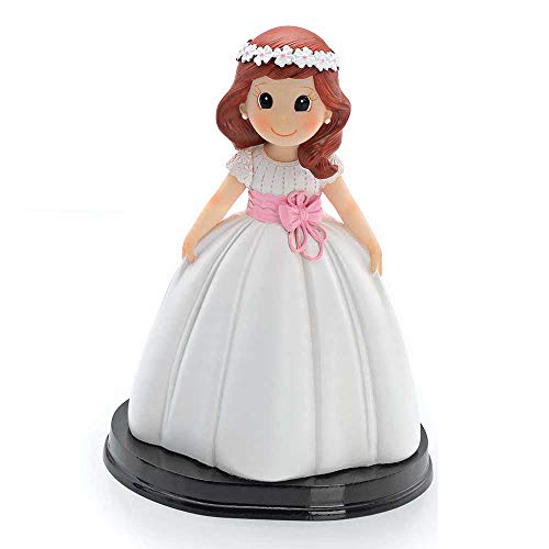 Figura tarta niña Comunión con vestido blanco, detalles cuerpo brocado y fajín en rosa. Recuerdo pastel Primera Comunión chica.