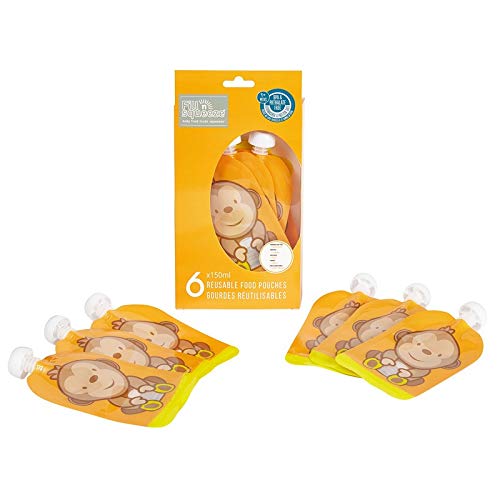 Fill n Squeeze la bolsa reutilizable de abertura inferior para facilitar la limpieza. 6x150ml bolsas. Perfectas para destete, viajes, puré de frutas, alimentos orgánicos y caseros para bebés.