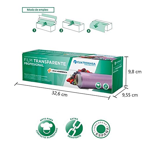 Film transparente alimentario, mayor resistencia y autoadherencia, ideal para la conservación de alimentación, fruta, verdura, bollería, pescado, embutido, carne. [ROLLO ESTUCHADO 30 cm x 250 m]