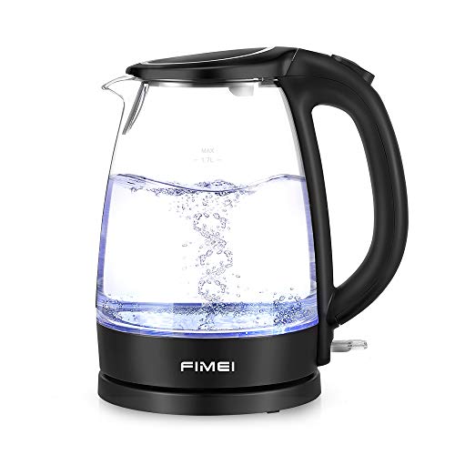 FIMEI Hervidor de Agua Eléctrico 1,7L, Hervidor de Cristal, Cierre Automático Libre de BPA con LED 2200W, Sistema de Protección contra la Ebullición en Seco, Ebullición Rápida y Silenciosa